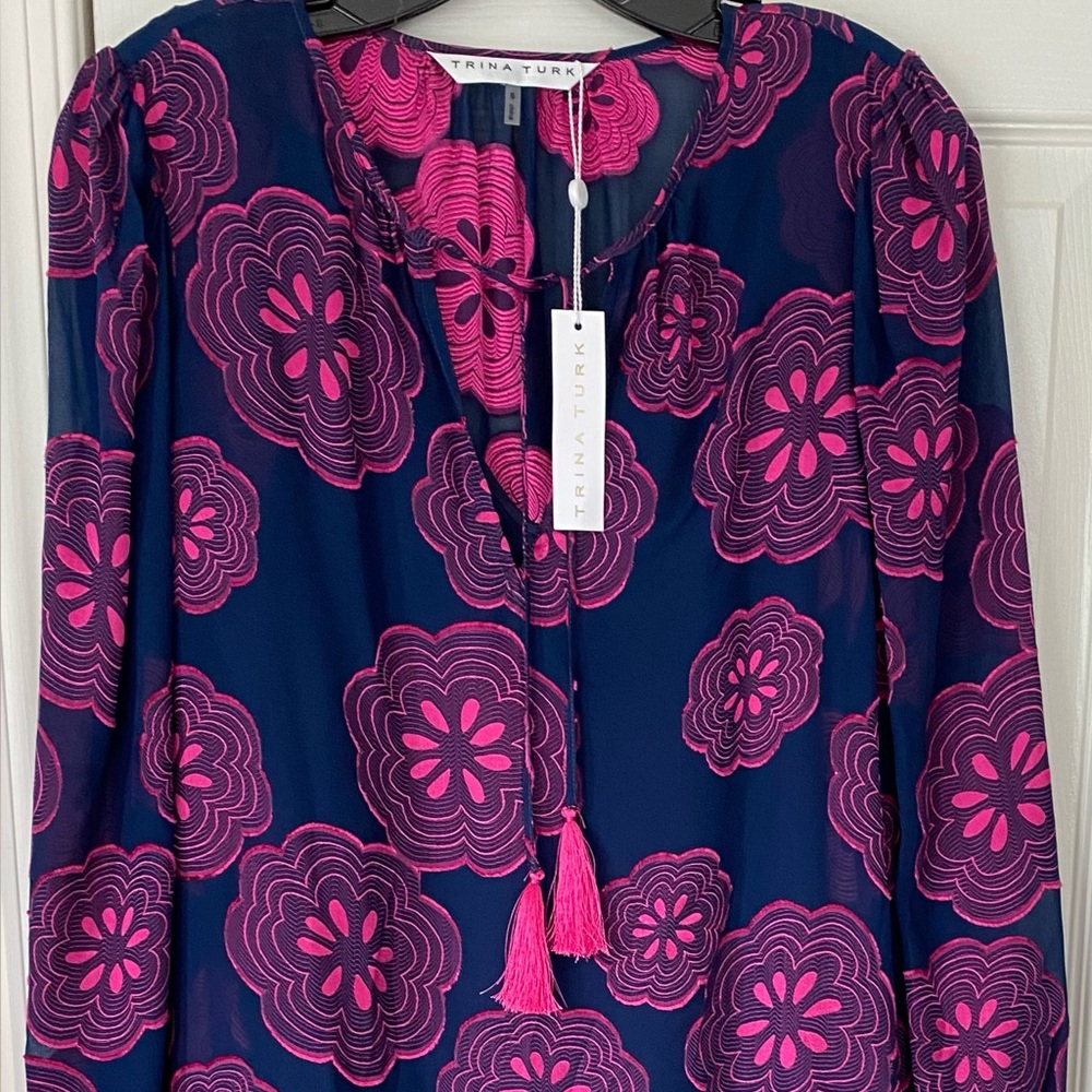 Trina Turk Silk Navy and Pink Floral Dress